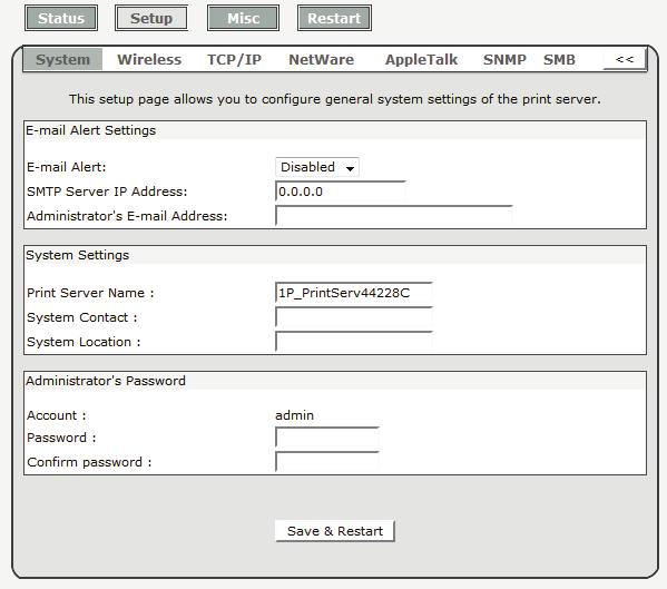 Preparation Enter the IP address of the print server as the URL, default: 192.168.0.10. Then the print server s home page will appear in content of the web browser.