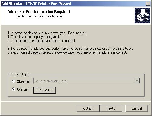 6. In the Add Standard TCP/IP Printer Port Wizard box as shown in the following picture, Select Custom, Click