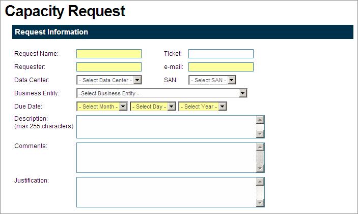Submitting and fulfilling storage requests 19 http://<hostname>/request-home/index.do 2. Click the Request Capacity link to display the Capacity Request form, as shown here: 3.
