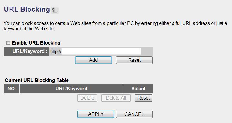 3-3-2 URL Blocking If you want to prevent computers in the local network from accessing certain websites (like pornography, violence, or anything you want to block), you can use this function.