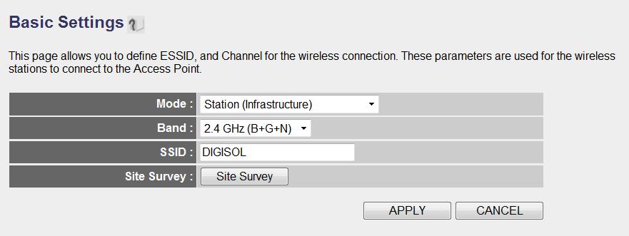 2-8-1-2 Setup procedure for Station (Infrastructure): DG-BR1000Nu User Manual In this mode, you can connect the router to Ethernet devices such us TV, Game player, HDD & DVD to enable the Ethernet