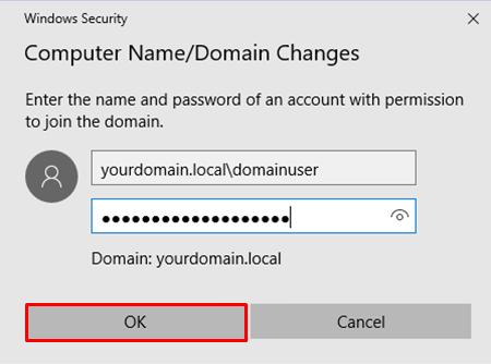 3. In the next window, enter the domain user credentials for joining the server to the domain, and confirm by pressing OK: 4. Your server will be joined to the domain and restarted.