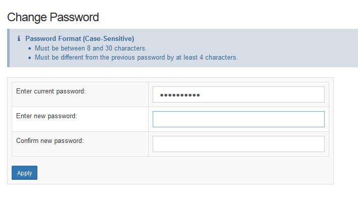 The Change Password page opens. 2. Do the following in the applicable fields: Type the current password, lan411cope.