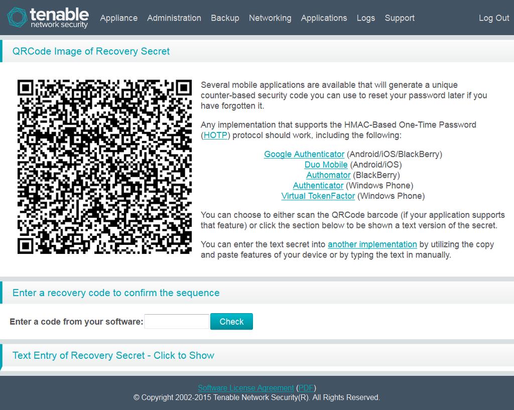 The QRCode image of Recovery Secret page is displayed when you first log in.