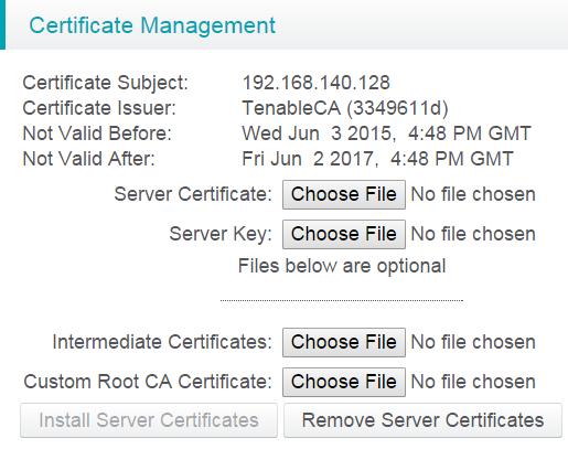 Web Server Security The status of the SecurityCenter SSL certificates is displayed in this section.