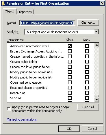In the Permissions area, scroll down to Administer information store, and then select Allow.