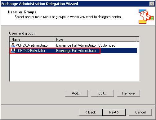 Chapter 2 PERMISSIONS AND SETTINGS FOR EXCHANGE SERVERS 3. Click Add. 4. Add the user installing the Exchange server, and select the Exchange Full Administrator option. 5.
