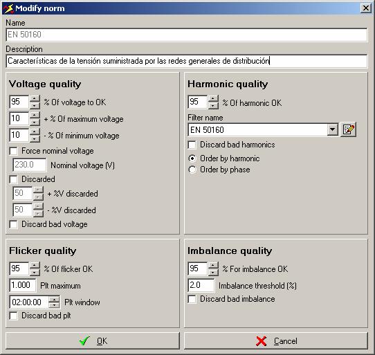 Modify / Add a quality norm screen Program allows configuring all the parameters to study Voltage, Flicker and Harmonics quality.