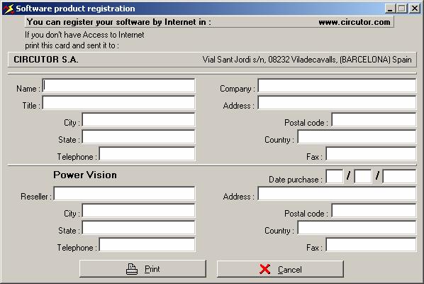 10.- ON LINE HELP Power Vision gives user a complete on line help. You will find it on the Help option on Help menu option: Help menu In this on line help you will find all Power Vision options. 10.1.- Registration If you choose "Registration" option in Help" menu it will appear a dialog box to allow you to register you as a Power Vision user.