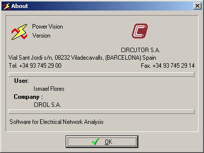 10.2.- About In this dialog box you will find Power Vision most interesting data, that is, provider and program name as well as user name and serial number.