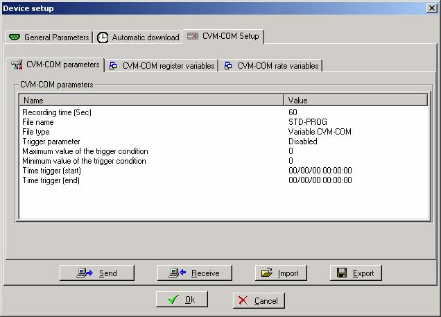 Once you have configured all communication and automatic download parameters, user must modify analyzer internal configuration. This could be done using CVM-COM Setup (third folder).