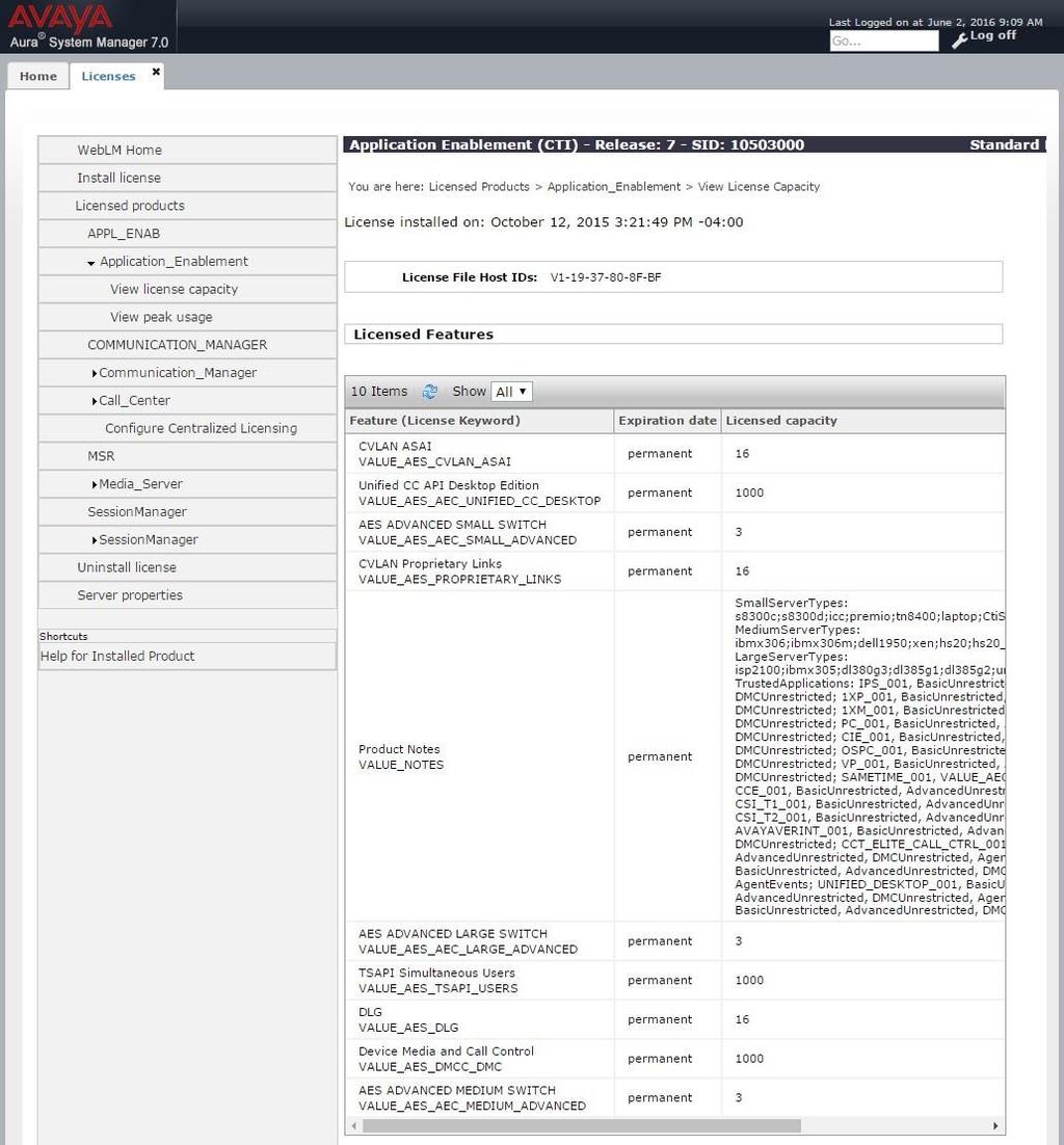 Select Licensed products APPL_ENAB Application_Enablement in the left pane, to display the Application Enablement (CTI) screen in the right pane.
