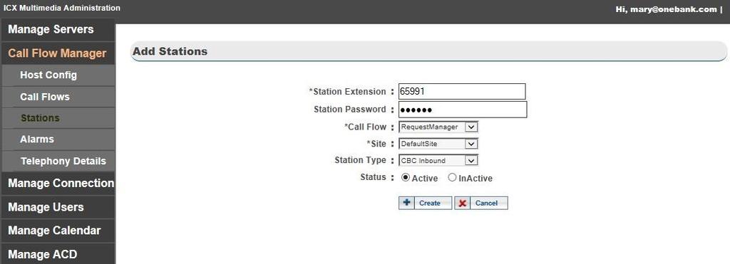 7.4. Administer Stations Select Call Flow Manager Stations in the left pane, to display the Stations screen. Click Create. The Add Stations screen is displayed.