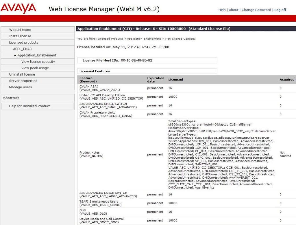 The Web License Manager screen below is displayed. Select Licensed products APPL_ENAB Application_Enablement in the left pane, to display the Licensed Features in the right pane.