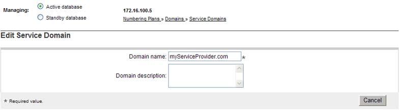 The Edit Service Domain web page opens and displays the configured data for the selected Service Domain, as shown in Figure 55 "Edit Service
