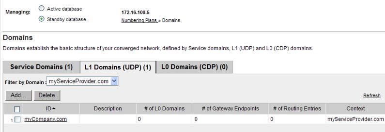Manage a Level 1 Domain (UDP) 179 Figure 61 Added L1 Domain 25 See Procedure 58 Cutting over the database (page 278) to place the database in a Switched Over state.