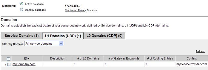 180 Configure and manage the Network Routing Service The Domains web page refreshes displaying the L1 Domains (UDP) pane, as shown in Figure 62 "L1 Domains (UDP) pane Active database" (page 180).