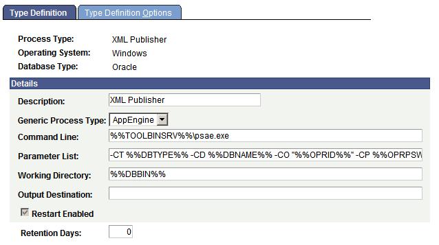 Defining PeopleSoft Process Scheduler Support Information Chapter 7 Entering Global Definitions for Processes To access the Type Definition page, select PeopleTools, Process Scheduler, Process Types.