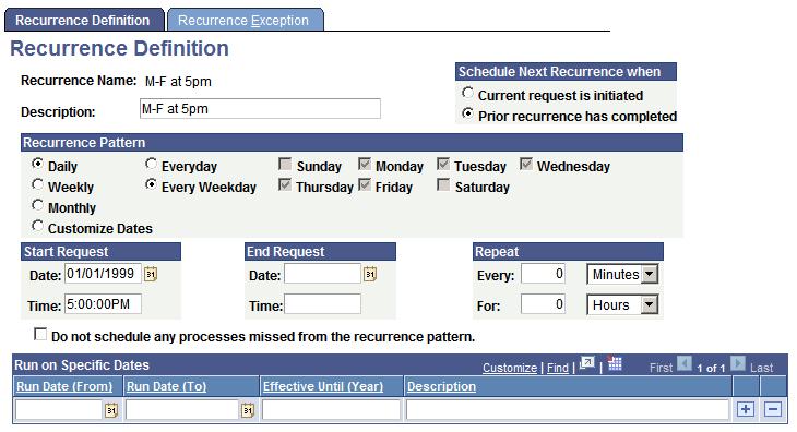 Chapter 7 Defining PeopleSoft Process Scheduler Support Information Defining Recurrence Definitions This section provides information on configuring definitions for processes and jobs that run on a