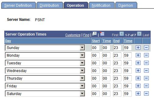 Setting Server Definitions Chapter 9 Image: Operation page This example illustrates the fields and controls on the Operation page. Specify the days and times during which the server is operational.