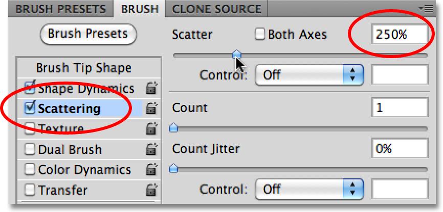 When you re done setting the Shape Dynamics options, click directly on the word Scattering in the left column of the Brushes panel, then increase the Scatter value to around 250%, which will randomly