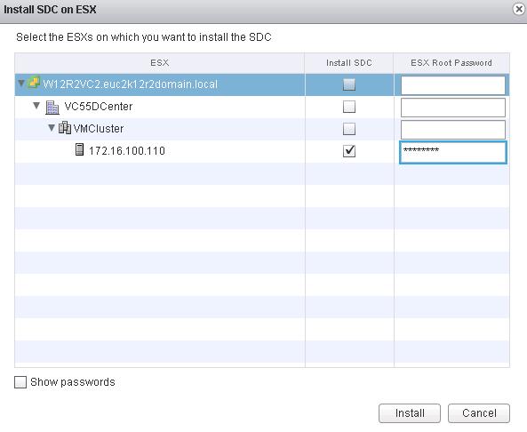 Chapter 4: Solution Implementation Figure 29. Select the hosts on which to install SDC on ESXi 4. Click Install. The status appears in the dialog box. 5. Click Finished. 6. Restart each ESXi host.