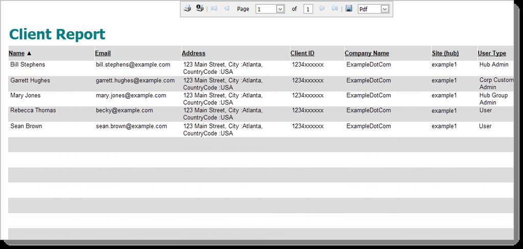 Reporting in the Admin Portal Example Client Report The following example shows a client report that