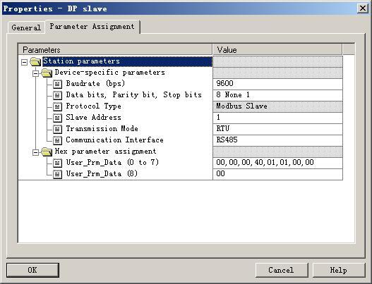 PROFIBUS DP slave property parameter: In configuration interface, double click GT200-DP-RS Modbus Slave V6.