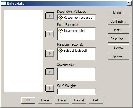 3) In the Univariate dialog box, put the response variable in the Dependent Variable box, put the Treatment variable in