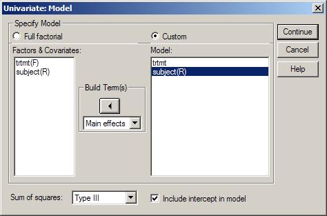 4) Click on Model button in the Univariate dialog box, and first click on the drop-sown menu below Build Term(s) title and