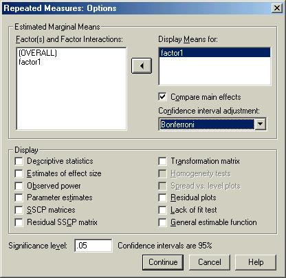 5) Click the options button and select factor1 (the treatment variable) into Display Means for: