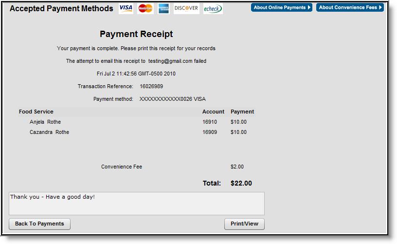 To print a copy of the receipt, click Print/View in the lower right-hand side