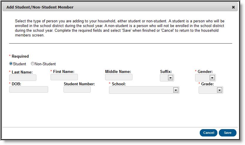 Image 10: Adding Information for a Student Member Enter information about the household member in all required fields and select the Save icon. Required fields are denoted with a red asterisk.