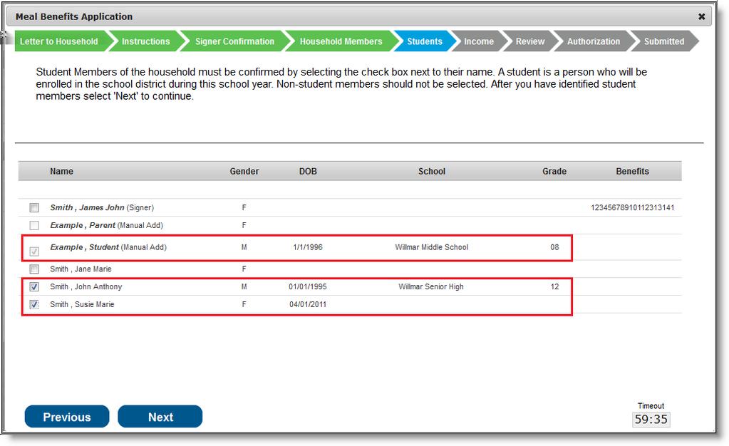 Image 14: Identifying Student Household Members Mark the checkbox next to the name of each student household member and select the Next button.