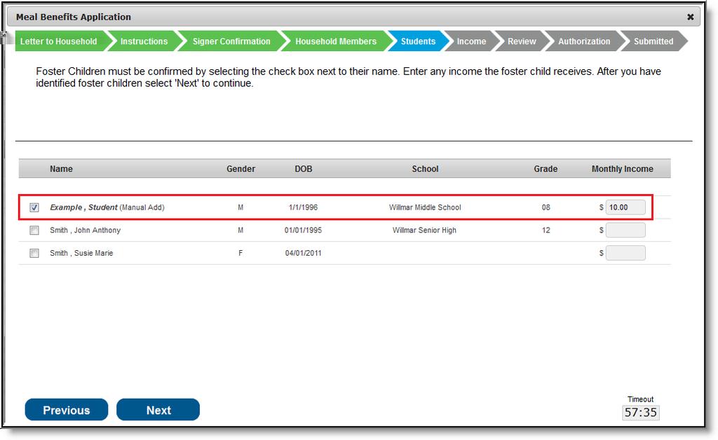 Image 16: Selecting Foster Children Mark the checkbox next to the name of each student household member that is a foster child, enter their Monthly Income and select the Next button.