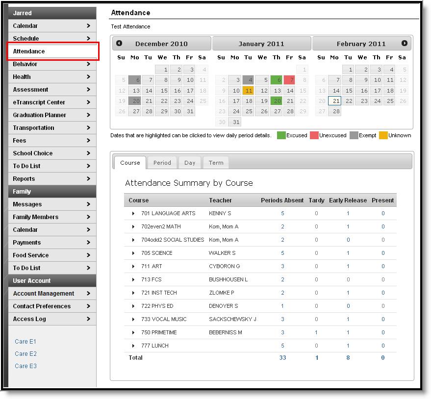 Image 1: The Attendance Tab Attendance through the Calendar Tab Attendance information can be accessed through the tab in both the and sections of the Calendar Family