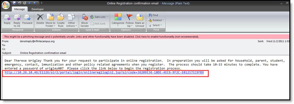 Image 4: Online Registration - Confirmation Message When that link is selected, a language