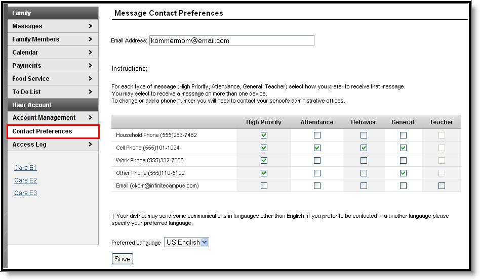 Image 3: Email and Phone Message Contact Preferences 1. Mark the checkboxes of the types of messages that should be sent to each listed phone number. Mark as many checkboxes as desired.