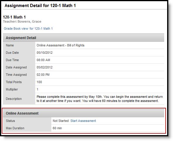 Image 3: Assignment Detail Section - Online Assessment Click Start