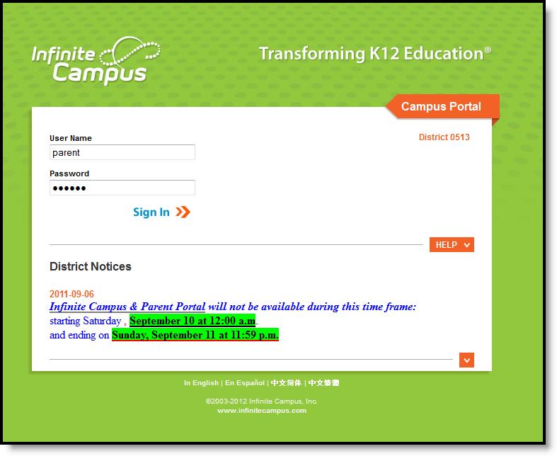 Image 2: Portal Login Infinite Campus recommends that districts require all Portal users to sign an "Acceptable Use" policy before allowing Portal access.