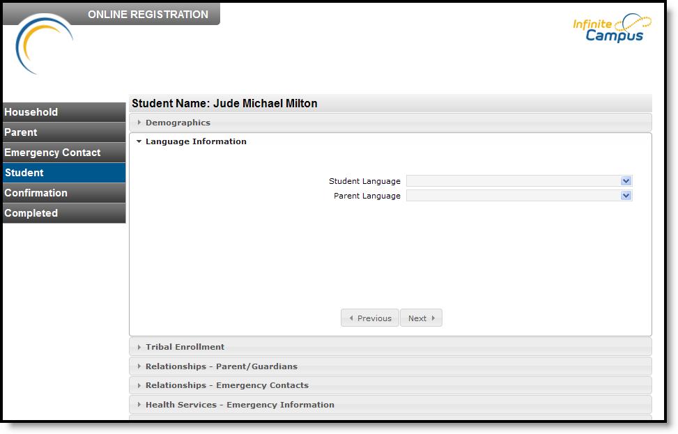 Image 23: Student Entry - Language Entry Tribal Entry If the student has an active enrollment