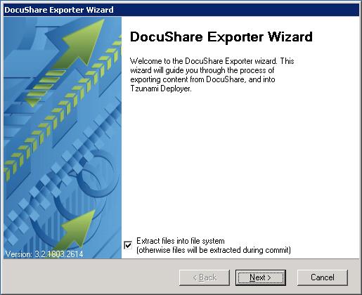 Figure 2-1: DocuShare Exporter Wizard Welcome screen Table 2-1: DocuShare Exporter, Welcome screen - Description of fields Fields Extract files into file system (otherwise files will be extracted