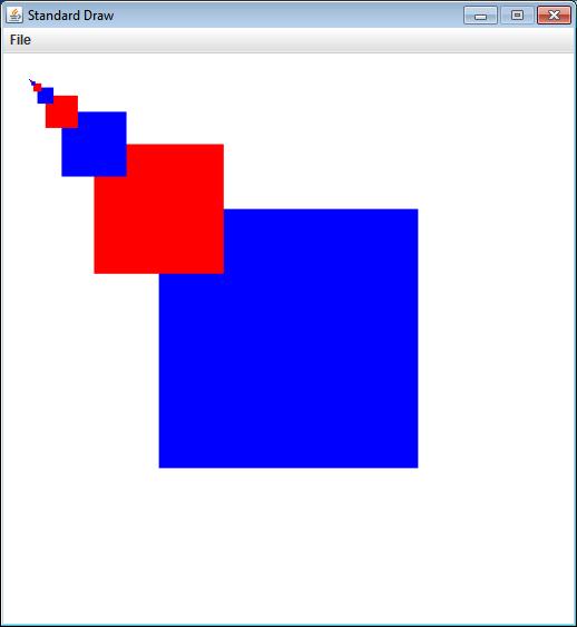 setPenColor(StdDraw.RED); StdDraw.setPenColor(StdDraw.BLUE); StdDraw.filledSquare(x, y, s); drawb(n - 1, x - s, y + s, s / 2.0); drawb(n - 1, x + s, y + s, s / 2.