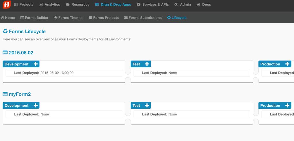 CHAPTER 5. DRAG & DROP APPS LIFECYCLE MANAGEMENT 2. Click on Lifecycle in top navigation. This screen shows the status of every Drag & Drop App across every environment. 3.