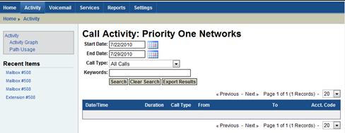 CHECKING ACCOUNT ACTIVITY To view call activity of the PBX, click Activity at the top of the screen.