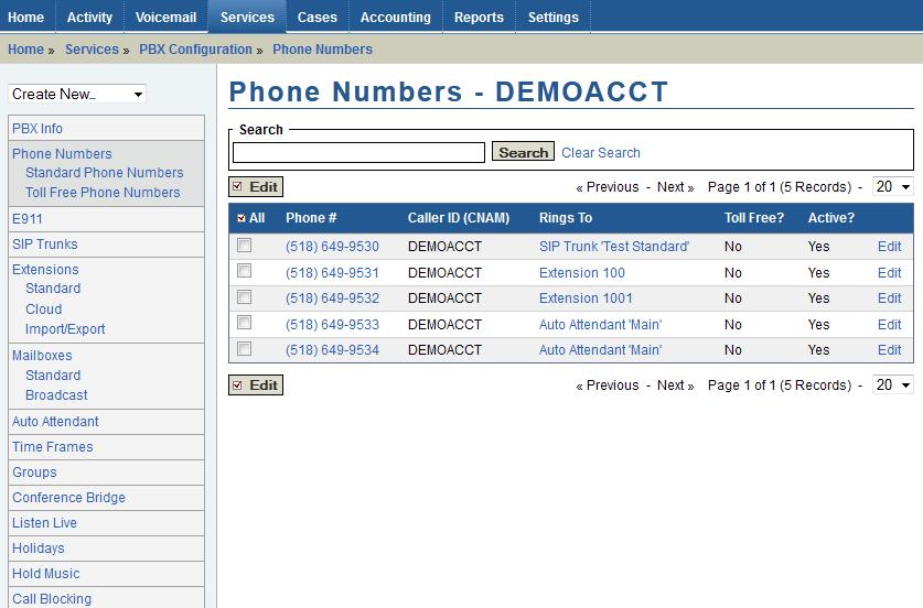 PHONE NUMBERS Phone Numbers that are assigned to the PBX are visible in the Phone Numbers section of the Portal.