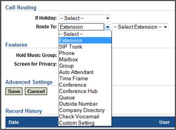 Route To: This setting determines how incoming calls to this number will be routed. From the drop down menu, there are fourteen options to select for Call Routing Route To.
