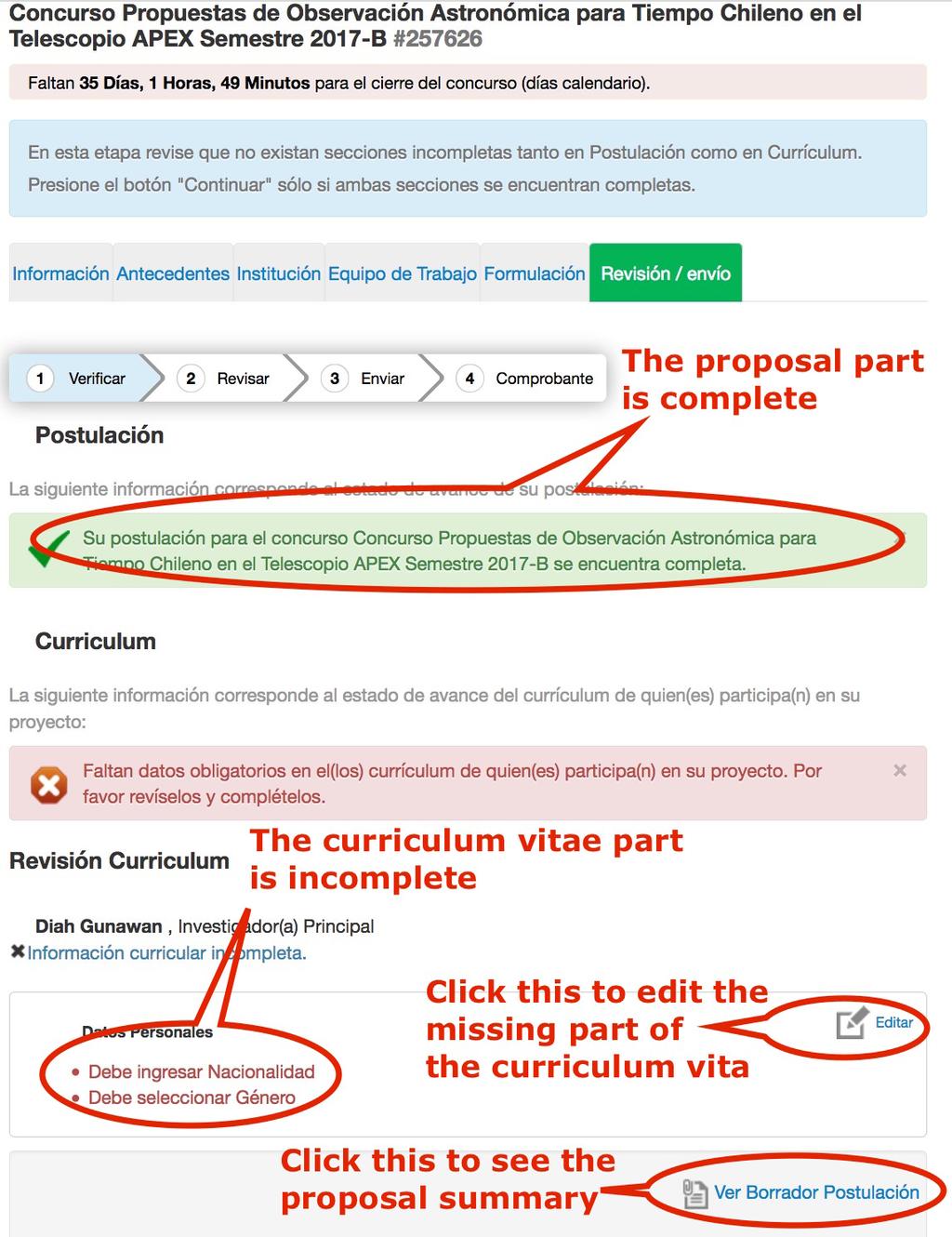 8. If you are happy with your proposal, you can click on the green Revisión / envio button to send the proposal. 8a.