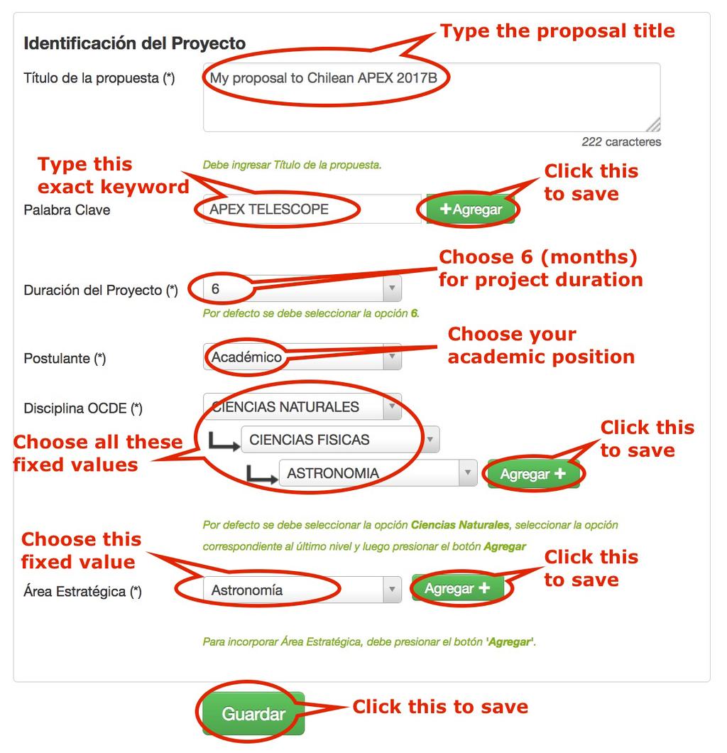4. Section: Antecedentes In this tab, please fill in the Identification of the project Identificación del Proyecto. Most entries in this tab have some fixed values in the dropdown menu.