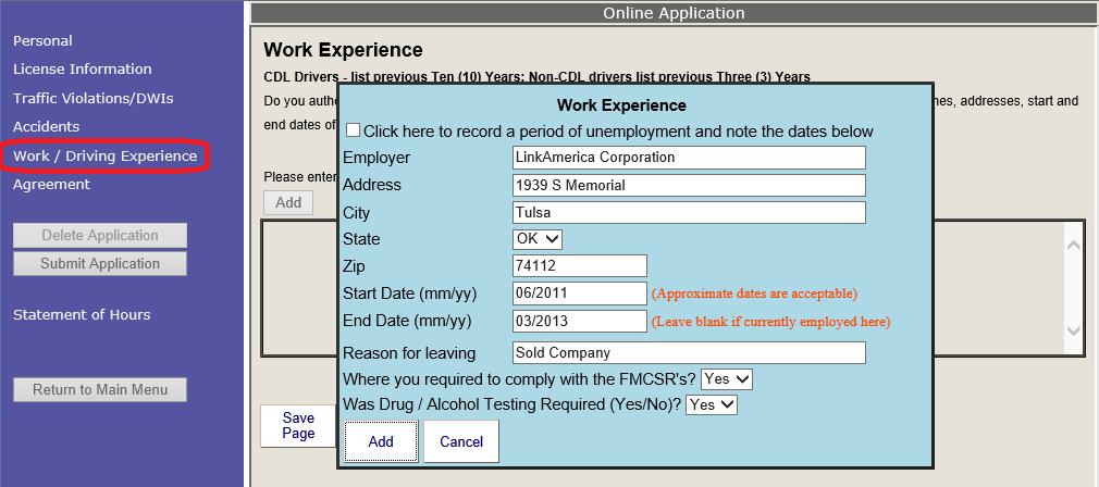 Page 8 The following shows the entry screen for work experience.